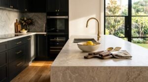 Modern kitchen island with textured marble waterfall countertop, brushed brass gooseneck faucet, ceramic bowl of lemons, and dark green shaker cabinets