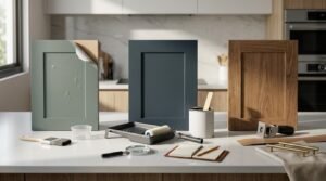 Kitchen cabinet door comparison on a white quartz countertop showing peeling vinyl wrap on a sage green shaker panel, freshly painted navy blue door, and natural oak timber finish beside paint tools, magnifying glass, notepad, and brass handles.