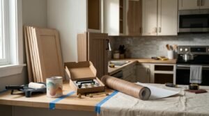 Kitchen cabinet refresh workstation on an oak timber benchtop displaying unpainted shaker door panels, paint can, roller tray, boxed hardware knobs and pulls in matte black, brass, and brushed nickel, roll of self-adhesive woodgrain vinyl wrap, screwdriver, and sandpaper.