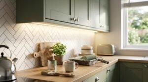 Renovated sage green shaker kitchen cabinets illuminated by warm LED under-cabinet strip lighting, featuring timber benchtops, a white herringbone tile splashback, polished chrome hardware, a steaming mug, and painting supplies.