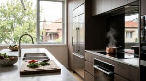 Contemporary dark wood kitchen highlighting the ergonomic work triangle with an undermount sink and prep cutting board on the marble island, a stainless steel built-in French door refrigerator, and a smoking copper pot on an induction cooktop.