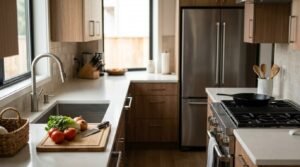 Practical kitchen layout showcasing the efficient working triangle relationship connecting the food prep sink station, integrated panel-ready refrigerator, and island induction cooktop.