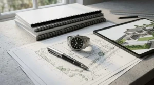 Architectural site survey plans with drafting tools and an hourglass on a worktable, symbolizing construction planning, project timelines, and residential design.