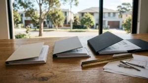 Residential home design documents organized in presentation folders with drafting tools on a table, representing custom home planning and project documentation.