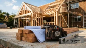 Residential home construction site with timber framing, blueprints, and professional building tools, showcasing custom home construction and project planning.