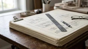 Architectural floor plan drawings with a ruler, pen, and eyeglasses on a drafting table, representing residential home design and construction planning.