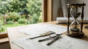 Architectural site survey plans with drafting tools and an hourglass on a worktable, symbolizing construction planning, project timelines, and residential design.