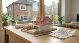 Architectural house model on a designer’s desk with blueprints and measuring tools, representing custom home design and residential planning.