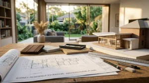 Architectural plans, material samples, and a modern home extension model displayed on a table, illustrating residential extension design and project planning.