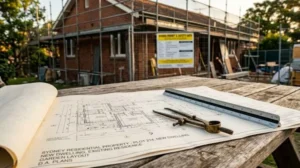 Residential home construction site with architectural blueprints, drafting tools, and scaffolding, showcasing new home building and project planning.