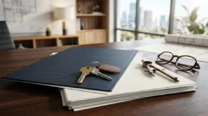 House plans, property keys, drafting compass, and architectural documents on a designer’s desk, representing custom home planning and residential construction.