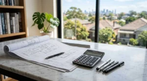 Architectural floor plans with a calculator, ruler, and pens on a countertop, representing residential construction budgeting and home design planning.