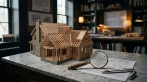 Architectural house frame model with construction agreement, magnifying glass, and pen on a designer’s desk, representing custom home construction planning and project review.