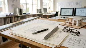 Architectural drawings, a scale ruler, eyeglasses, and a modern house model on a designer’s desk, showcasing residential home planning and custom home design.