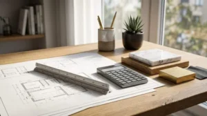 Home renovation blueprints with an architectural ruler, calculator, and material samples on a wooden desk