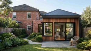 Modern detached granny flat with timber cladding and large sliding glass doors beside a brick family home