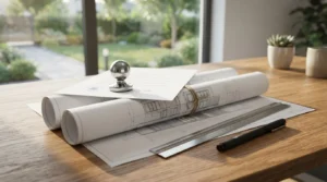 Approved granny flat building plans with stamped permit documents, blueprints, and architectural drafting tools