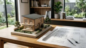 Modern architectural house model with blueprint plans on a wooden desk in a contemporary design studio
