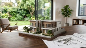 Modern residential house model displayed on architectural floor plans with drafting compass in a bright home design studioModern residential house model displayed on architectural floor plans with drafting compass in a bright home design studio