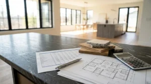 Residential floor plans, cost estimate spreadsheet, material samples, and calculator on a kitchen countertop in a newly built modern home