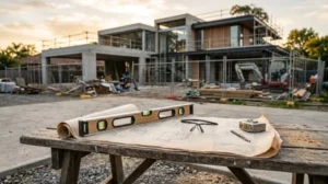 Construction blueprints, a spirit level, safety glasses, and a measuring tape on a workbench in front of a modern home under construction