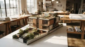 Modern architectural building model displayed in a contemporary architecture studio