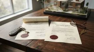 Property deeds with house keys, signed ownership documents, and a modern home model on a wooden desk representing real estate transactions and property ownership