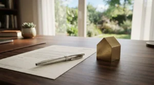 Home loan agreement with a pen and house model on a wooden desk in a bright home office