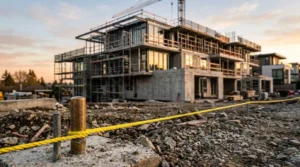 Surveying marker and yellow boundary line in the foreground of a modern multi-story residential building under construction