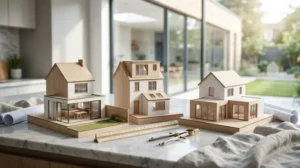Three architectural house models displayed with blueprints and drafting tools, showcasing custom home design concepts and residential planning.