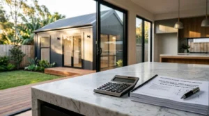 Calculator and architectural specification documents on a kitchen island overlooking a modern backyard studio