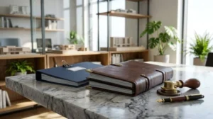 Architectural project documents, leather portfolio, binder, and gavel on a marble table in a modern architecture office