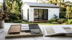Material sample board with wood, stone, and finish swatches beside a design catalog overlooking a modern backyard granny flat