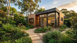 Modern backyard granny flat with timber cladding, large windows, and landscaped gardens connected by a stone pathway