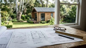 Granny flat architectural blueprints on a wooden table overlooking a modern backyard granny flat cabin