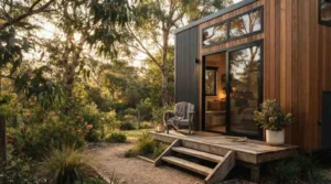 Modern timber granny flat with a private deck surrounded by native Australian garden landscaping