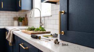 Kitchen cabinet hardware installation with brass handles on navy blue cabinets, quartz countertop, and renovation tools