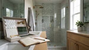 Modern bathroom remodel with glass walk-in shower, marble countertop, wood vanity, tile samples, and brushed gold fixtures