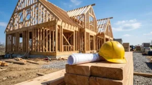 Wood-framed house under construction with a yellow hard hat, rolled blueprints, and timber beams at a residential building site
