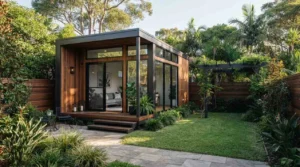 Modern backyard granny flat with timber cladding and floor-to-ceiling glass windows surrounded by landscaped gardens