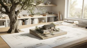 Granny flat architectural model displayed on construction blueprints beside a mature tree in a design studio