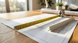 Measuring tape and architect ruler placed on residential construction blueprints on a wooden desk