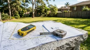 Land survey map with measuring tape and laser distance meter on a stone surface at a residential property site