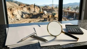 Construction planning documents, calculator, magnifying glass, and pens on a desk overlooking an active construction site