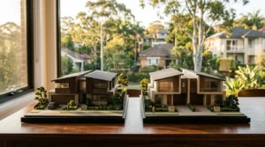 Two modern residential house models displayed on a table, comparing home design options in a suburban setting