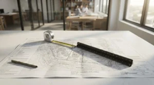 Topographical site plan with measuring tools on an architect's desk in a modern office