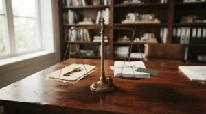 Balance scale with property documents and house key on a wooden desk in a legal office representing real estate law, property ownership, and legal documentation