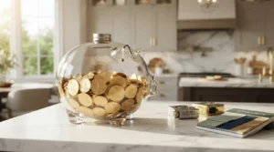 Glass piggy bank filled with coins on a modern kitchen countertop beside renovation samples and measuring tools