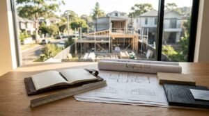 Architectural plans, notebook, material samples, and drafting tools on a desk overlooking a residential home extension construction site, representing home extension planning and budgeting.