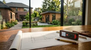 Architectural site plan with a laser distance meter and pen on a wooden table overlooking a landscaped residential backyard